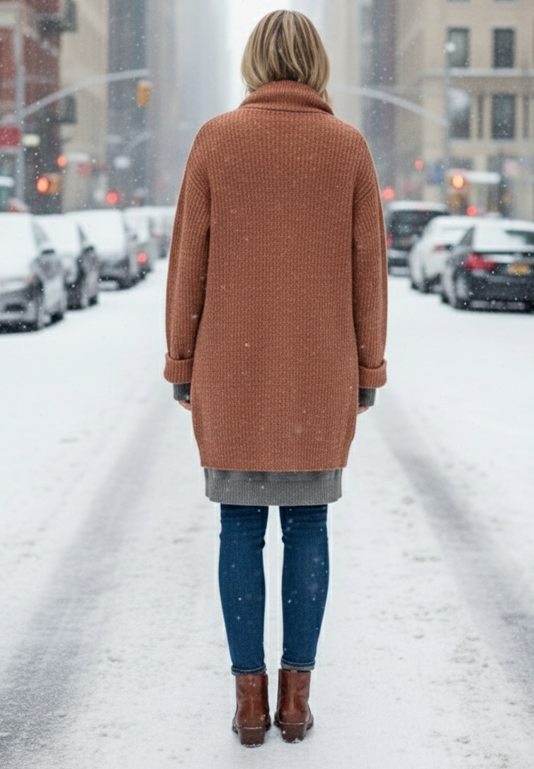 Person wearing a brown coat walking on a snowy street