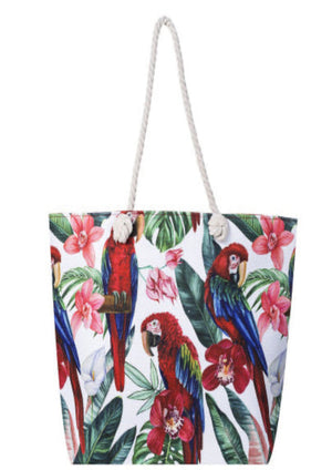 Tote bag with 3 parrots and floral design 