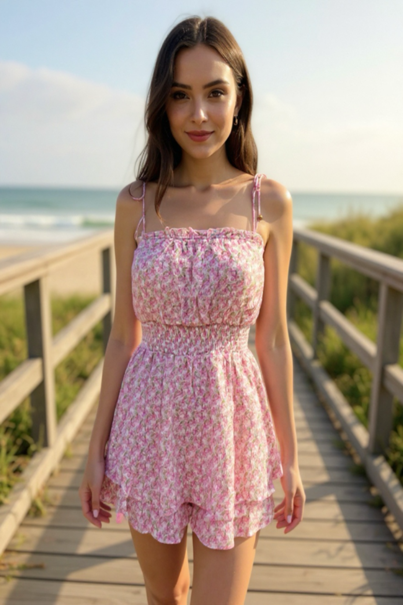 Woman in a pink floral romper standing on a wooden boardwalk by the beach.