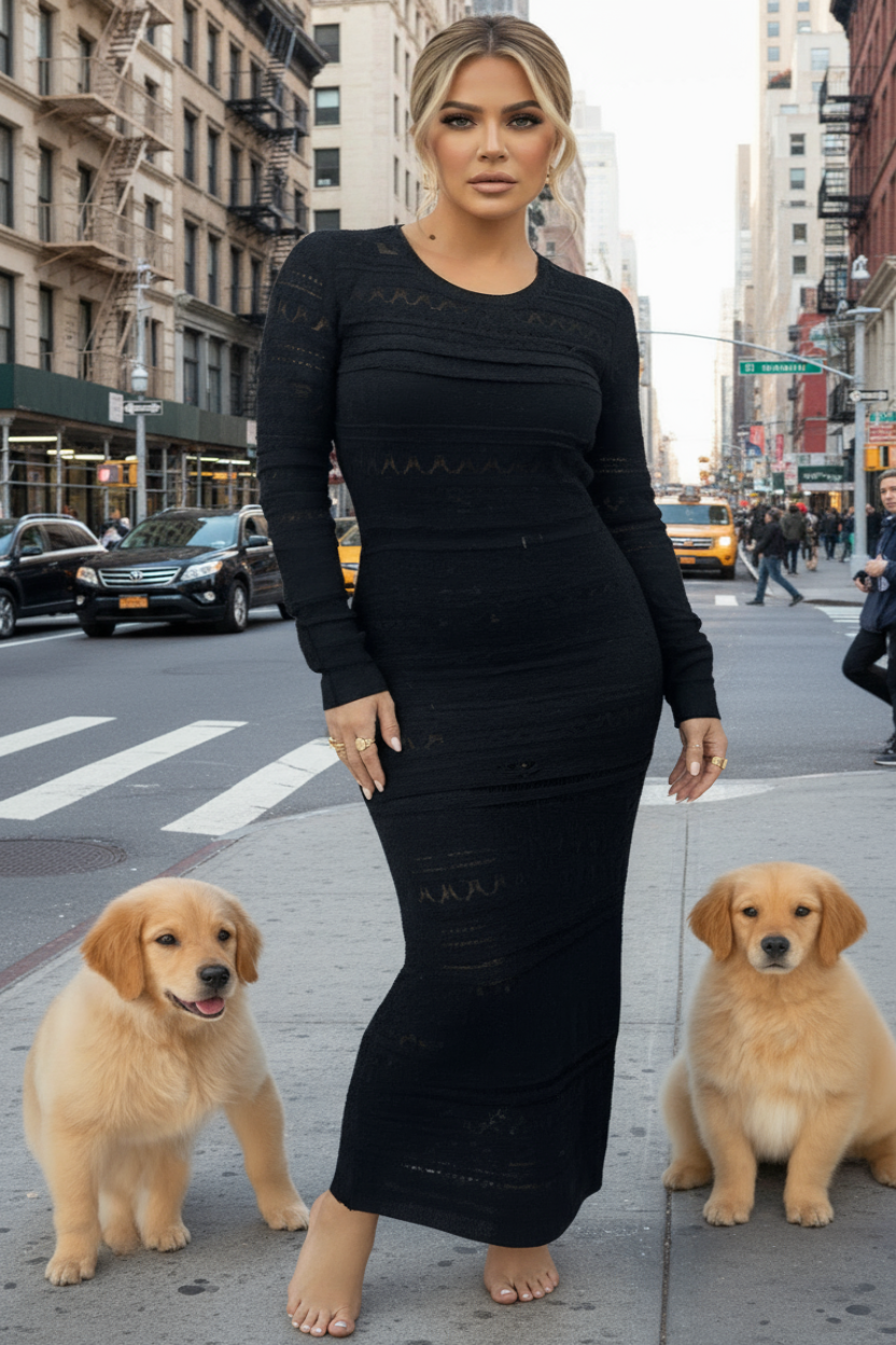 Person wearing a black dress with two dogs in the snow