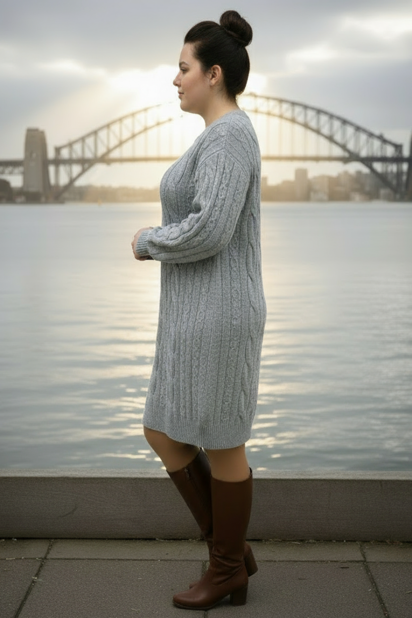 Woman in a gray sweater dress and brown boots standing by a waterfront with a bridge in the background.