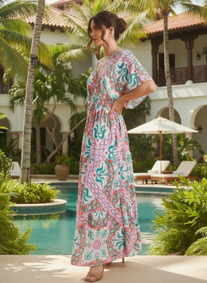 Woman in a floral dress standing by a pool with palm trees and a building in the background