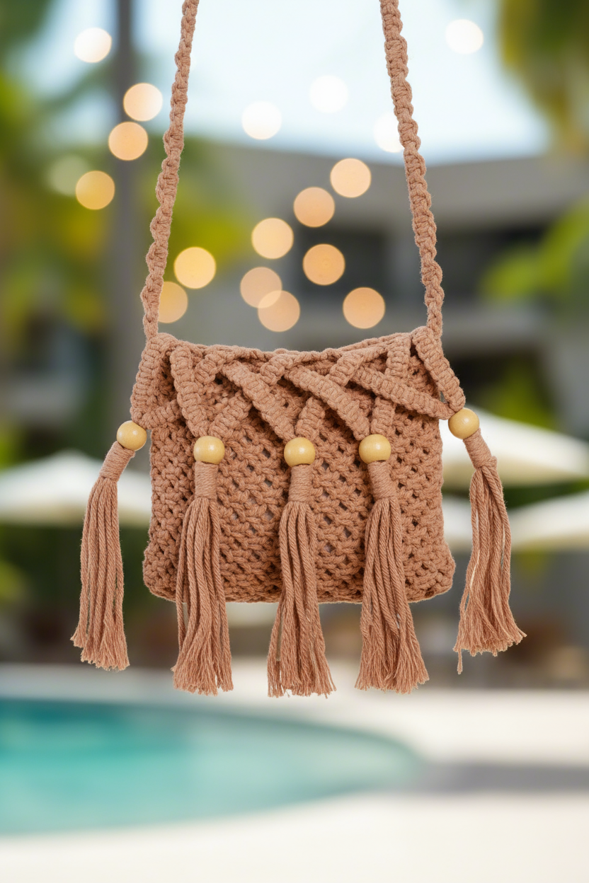 Woman in a colorful dress holding a woven bag with a pool and palm trees in the background