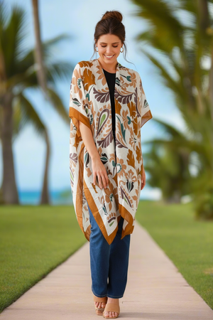 Woman walking on a path with palm trees in the background