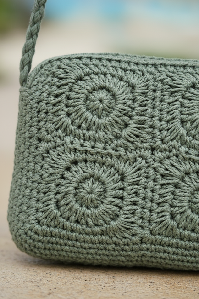Woman in a floral dress holding a gray bag with a tropical background