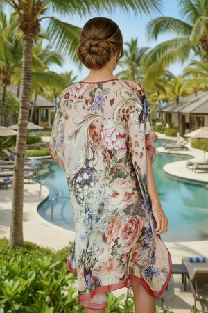 Woman in a floral dress standing by a pool with palm trees and resort buildings in the background