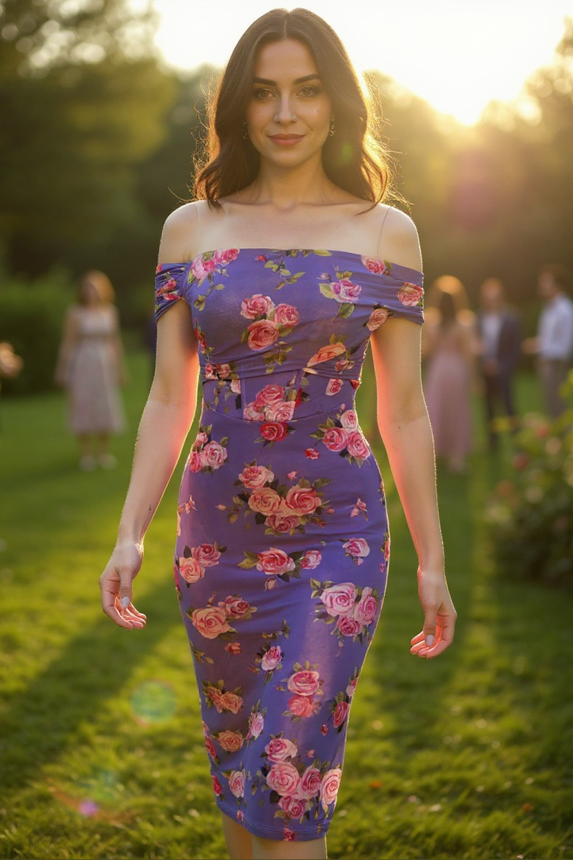 Woman in a floral dress standing outdoors with people and greenery in the background