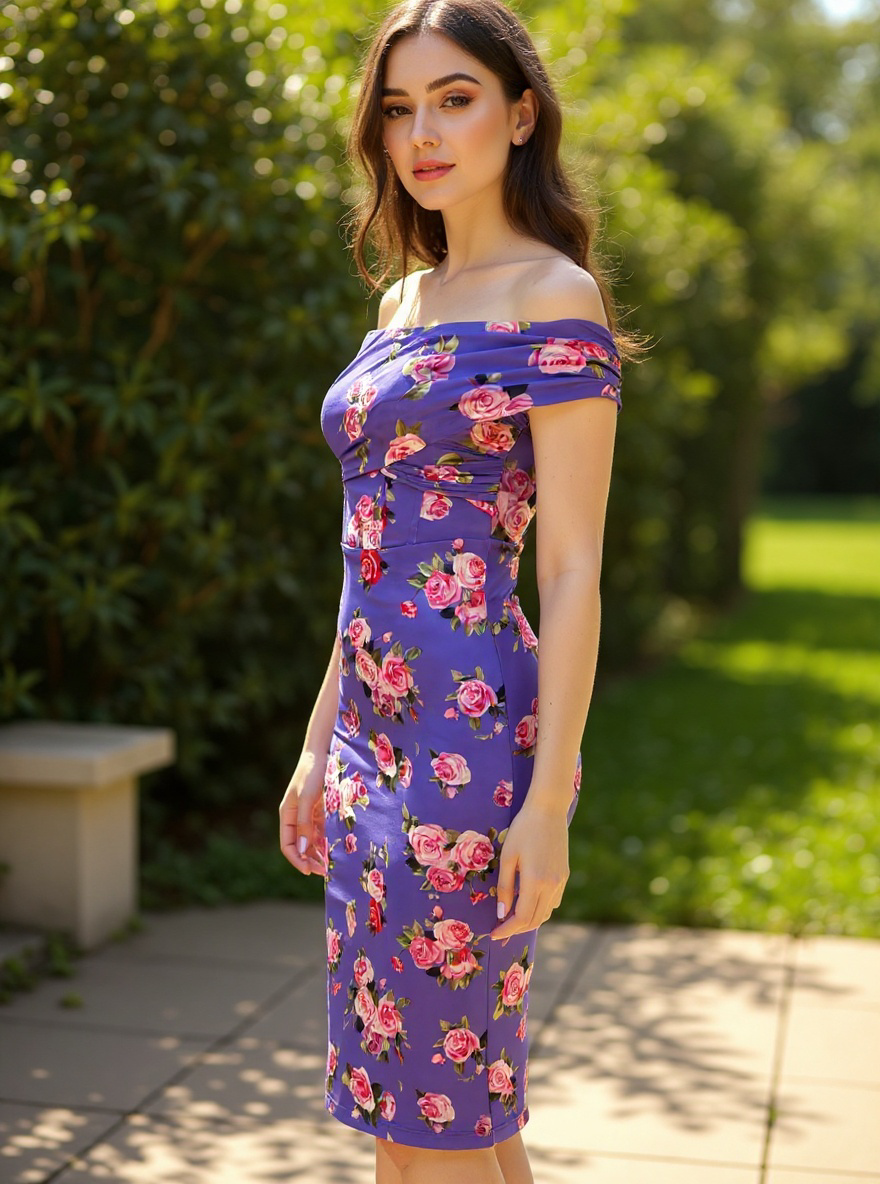 Woman in a floral dress standing outdoors with people and greenery in the background