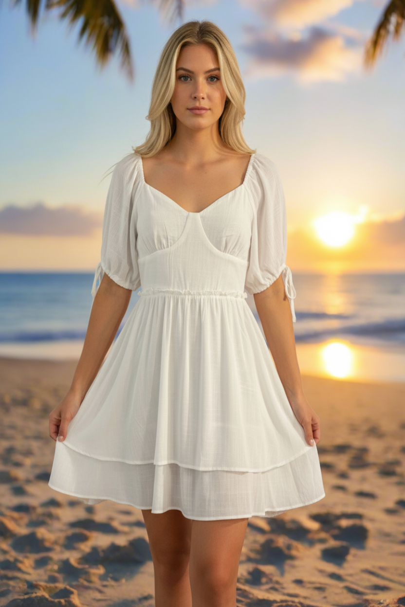 Woman in a white dress standing on a beach at sunset