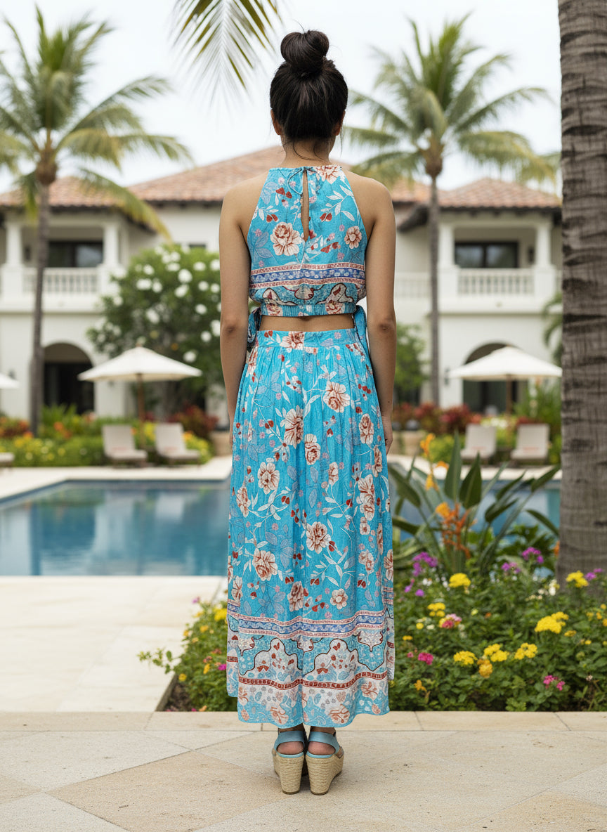 Woman in a blue floral dress standing by a pool with palm trees and a building in the background