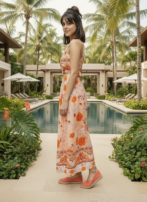 Woman in a floral dress standing by a pool with palm trees in the background