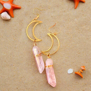 Natural Gemstone Boho Moon Earrings Clear Quartz