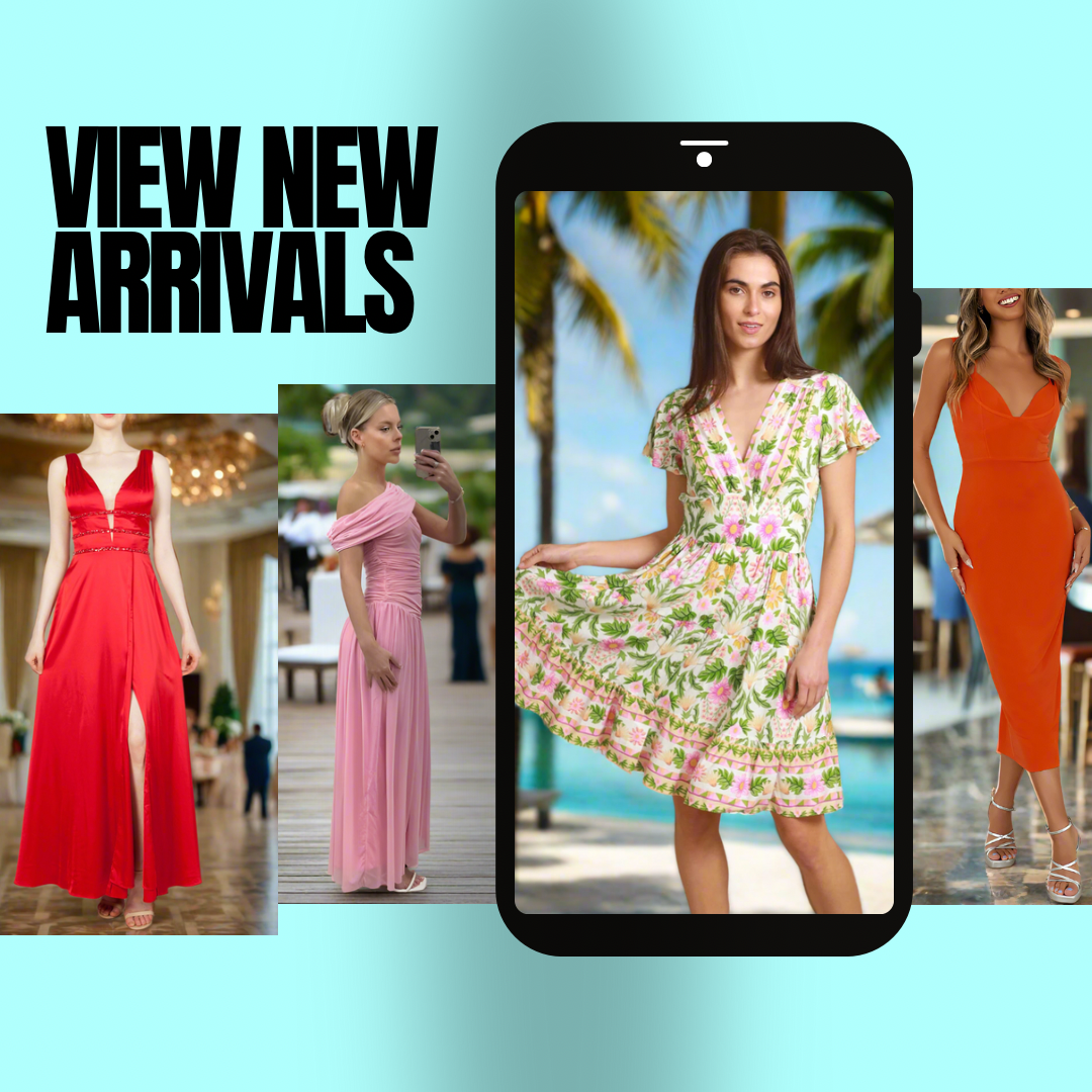 Promotional image with dresses and a phone displaying a dress, on a light blue background.