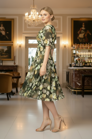 Olivia Midi Cocktail Dress in Mesh Green Rose
