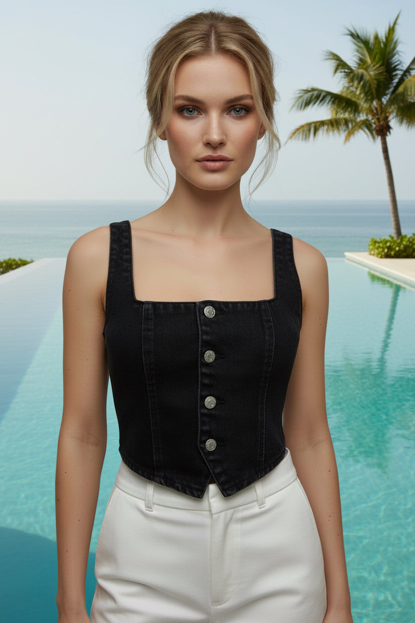 Woman wearing a black denim vest top with buttons on the front by a pool with palm trees in the background.