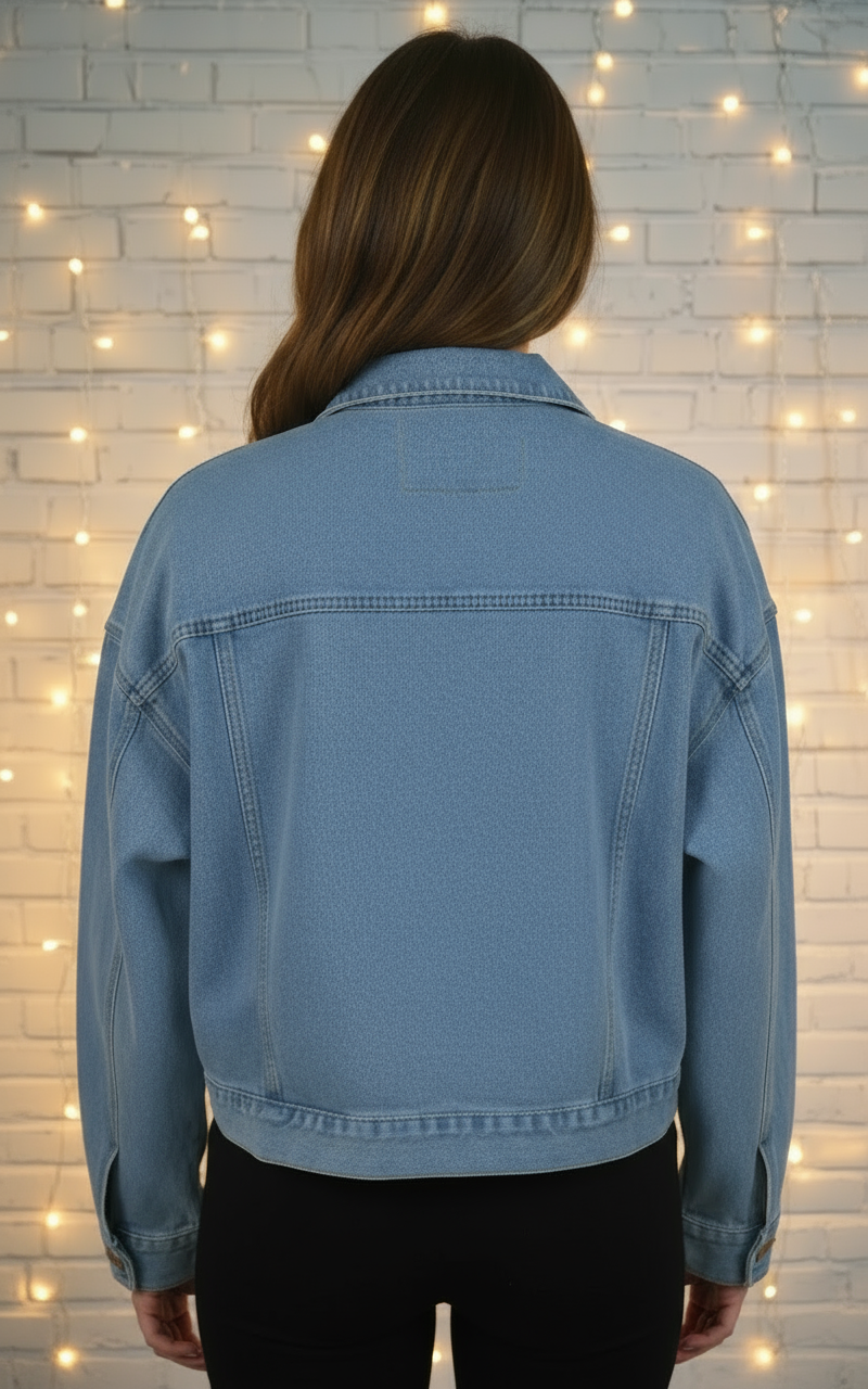 Oversized Cropped Denim Jacket with Diamonte Tassel Feature