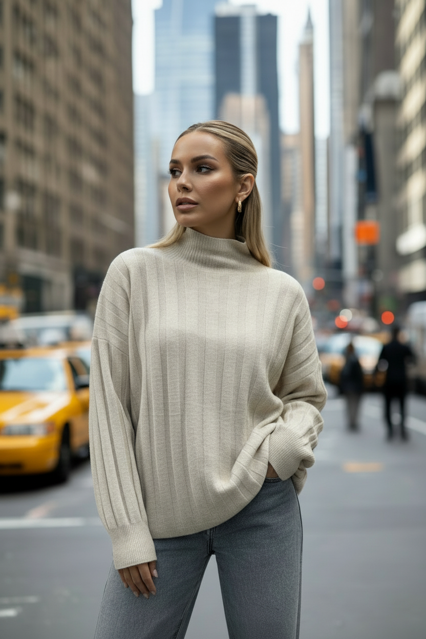 Oversized Light Knit Turtle-Neck Jumper in Beige
