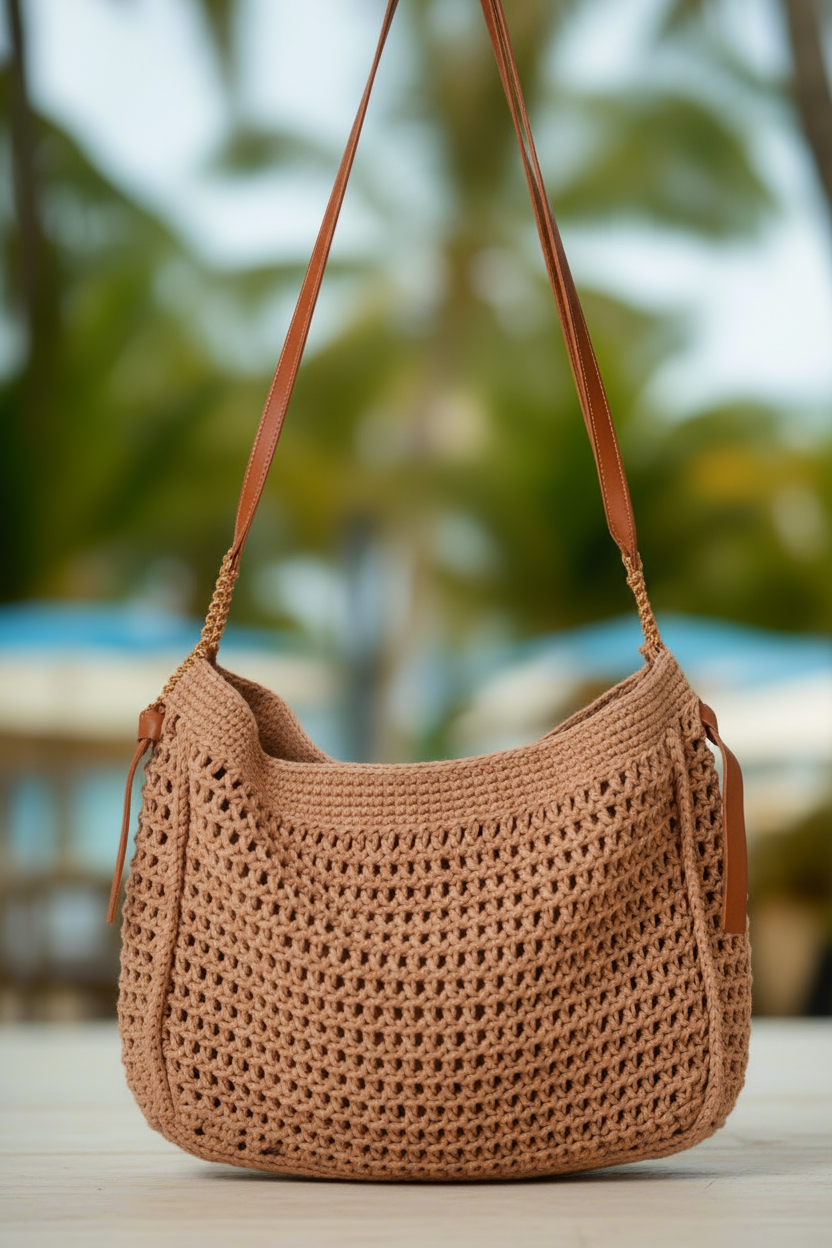 Woman in a blue floral dress standing on a beach with palm trees in the background
