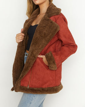 Oversized Faux Suede Shearling Line Coat with Pockets in Terracott Brown