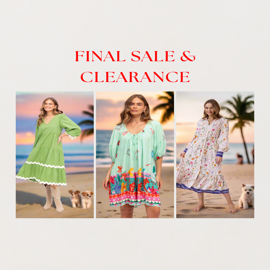 Three women in colorful dresses on a beach with 'Final Sale & Clearance' text.