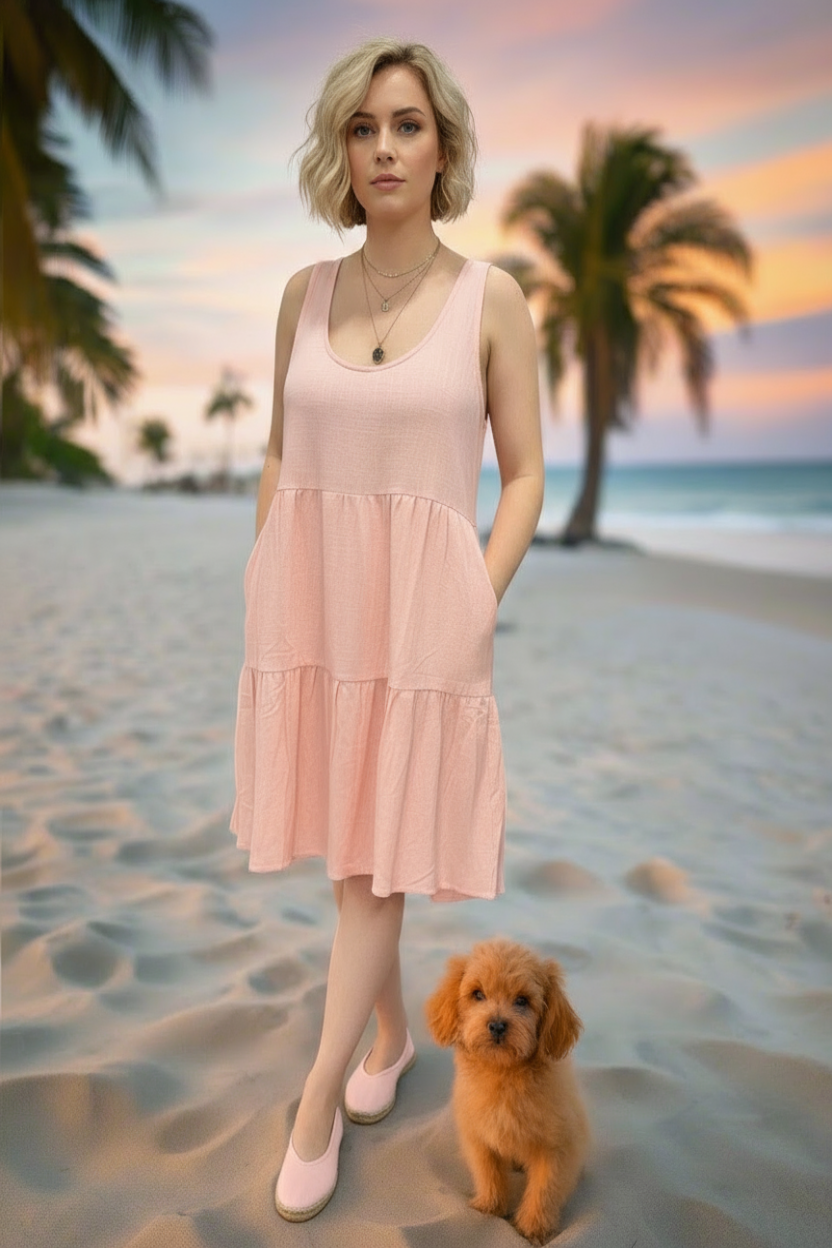 Woman in a pink dress standing on a beach with a dog at sunset