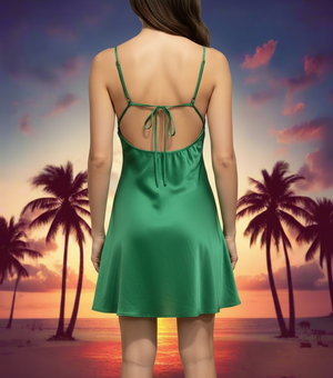 Woman in a green dress standing on a beach with palm trees and a sunset in the background