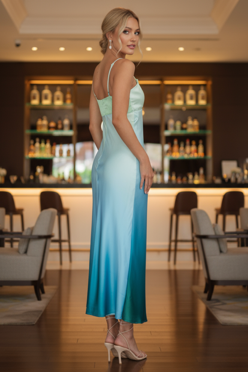 Woman in a gradient dress standing in a bar setting