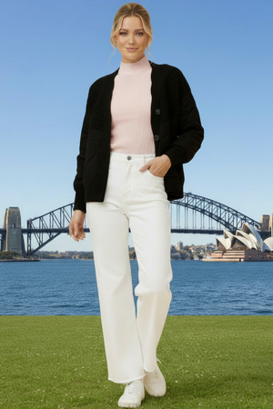 Woman wearing a black cardigan