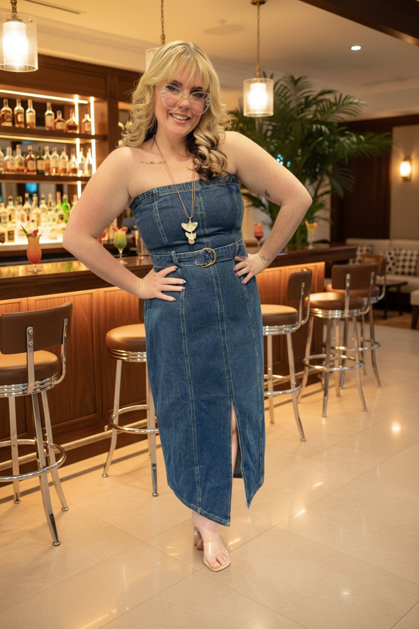 Woman wearing a denim dress with a blurred beach background