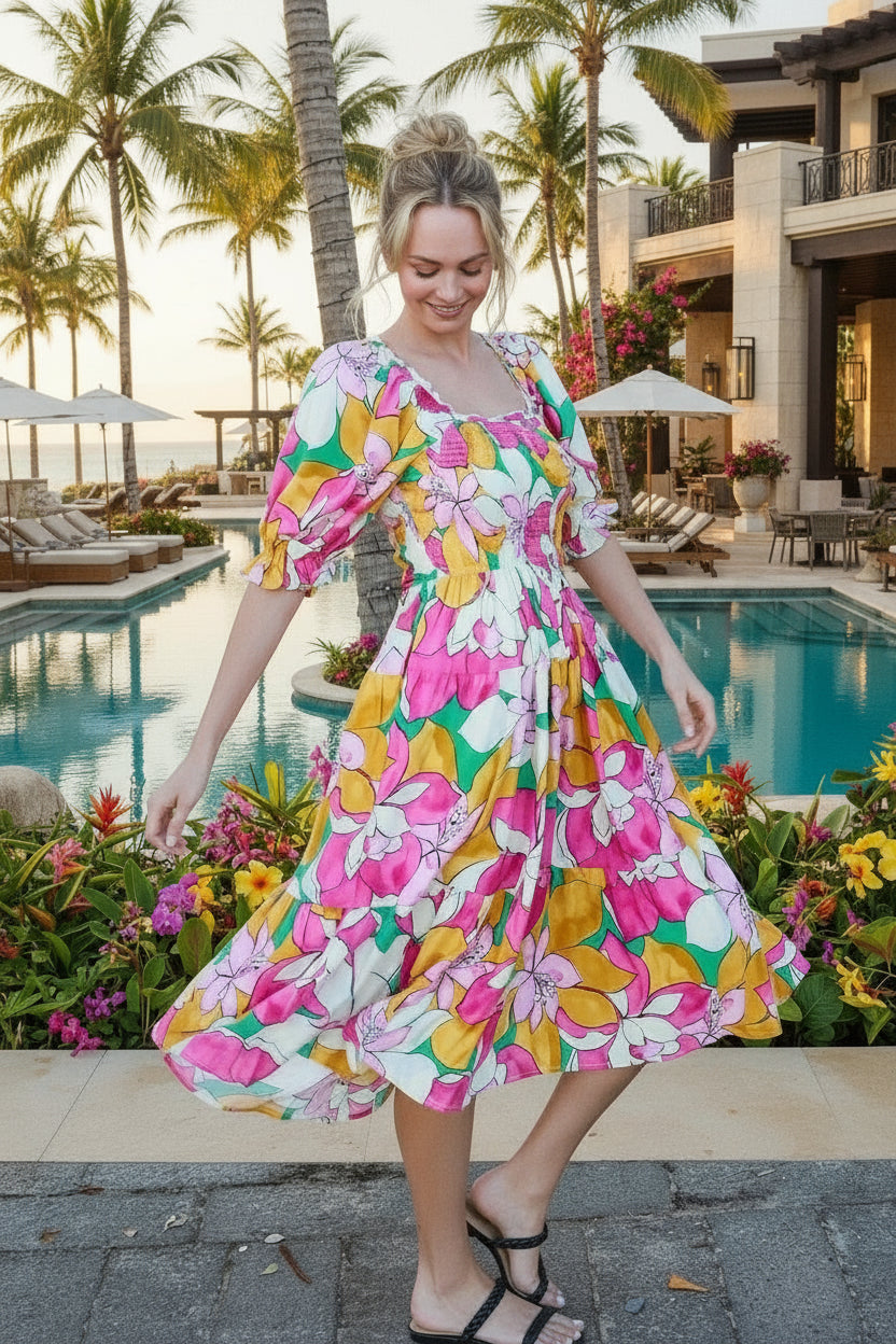 Woman in a colorful floral dress standing by a pool with palm trees and a building in the background.