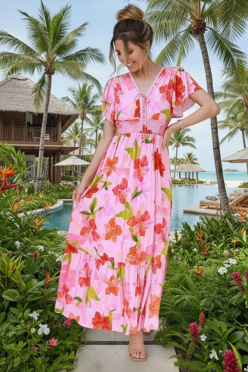 Woman in a pink floral dress standing in a tropical setting with palm trees and a pool.