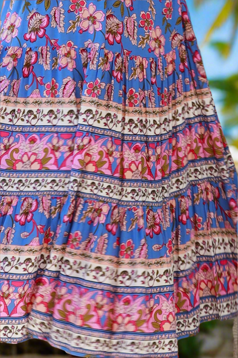 Close-up of a colorful patterned dress with floral and abstract designs.