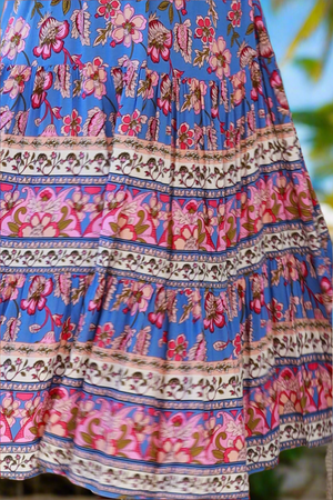 Close-up of a colorful patterned dress with floral and abstract designs.