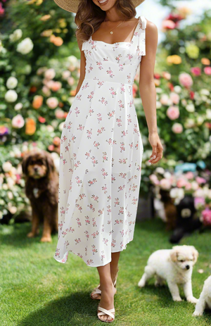 White Floral Print Garden Party Midi Dress