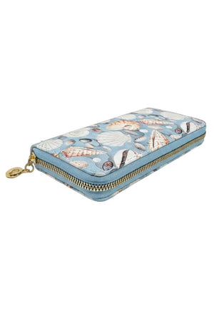 Blue zipper wallet with shell pattern