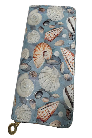 Wallet with shell pattern on a blue background