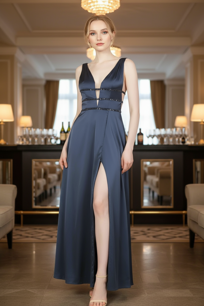 Woman in a long dark blue evening gown standing in an elegant room with mirrors and lamps.