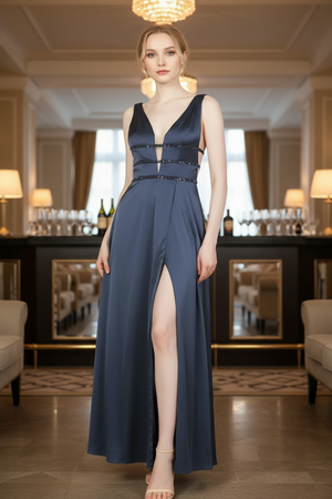 Woman in a long dark blue evening gown standing in an elegant room with mirrors and lamps.