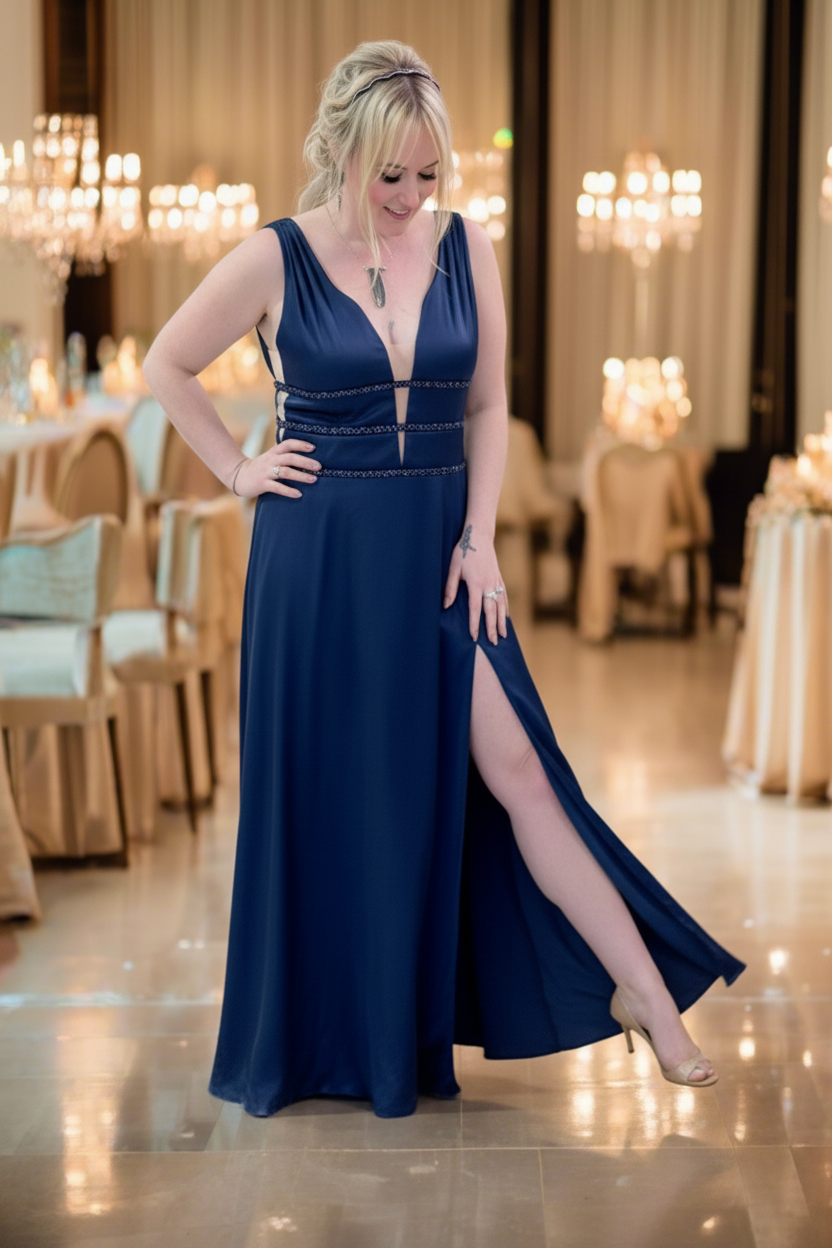 Woman in a blue evening gown standing in a banquet hall.
