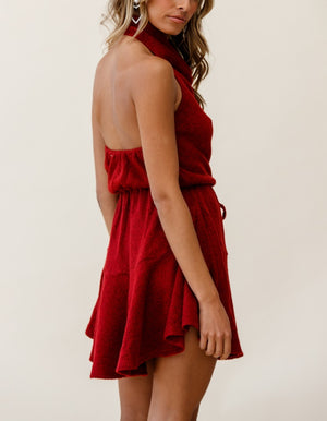 Cowl Halter Neck Fleece Dress in Ruby Red