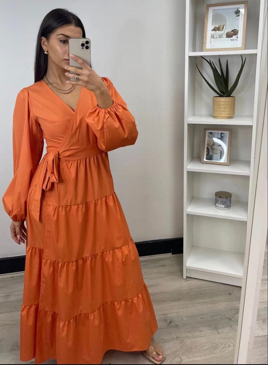 Long Sleeve Wrap Maxi Dress in Orange