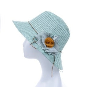 Bucket Hat with Fabric Flower Accent in Aqua