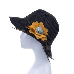 Bucket Hat with Fabric Flower Accent in Black