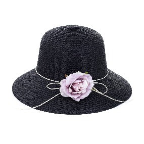 Bucket Hat with Rose Accent in Black