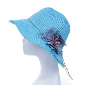 Bucket Hat with Fabric Flower Accent in Blue