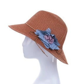 Bucket Hat with Fabric Flower Accent in Brown