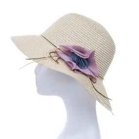 Bucket Hat with Fabric Flower Accent in Beige