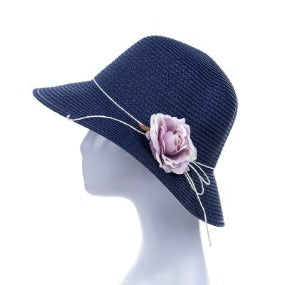 Bucket Hat with Rose Accent in Navy Blue