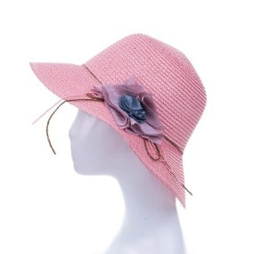 Bucket Hat with Fabric Flower Accent in Pink