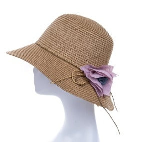 Bucket Hat with Fabric Flower Accent in Caramel